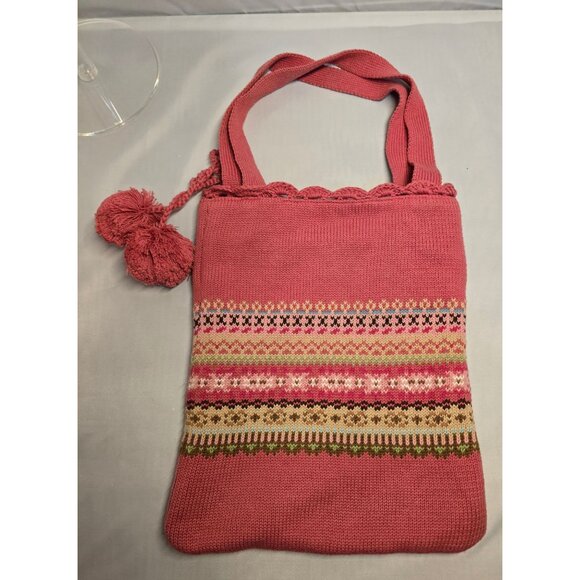 Vintage Gap Kids Pink Knit Tote Bag Pom Poms Striped Pattern boho cottagecore - Picture 2 of 6